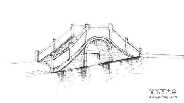 速写石拱桥的绘制步骤七8,将桥周围的树木及河岸画出来,注意树木线条