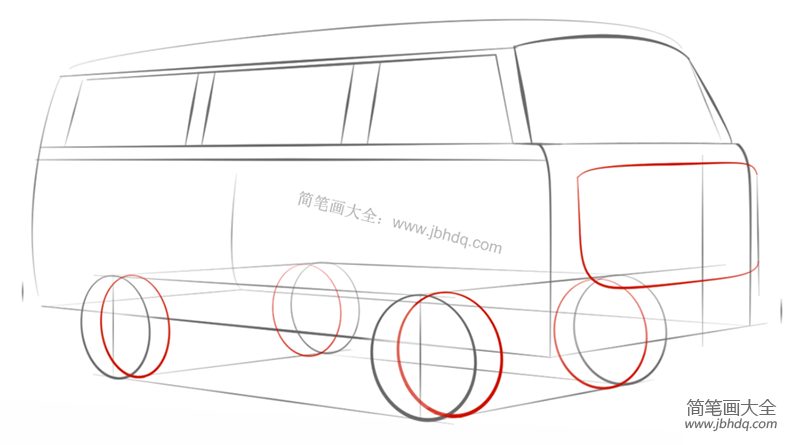 步骤5:画出车轮的立体形状和车的前脸.