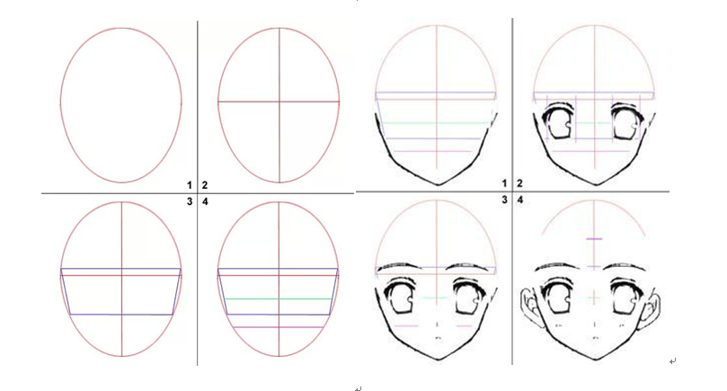 ① 日漫人物正脸比例画法图:       以上就是日漫人物头部的比例图了
