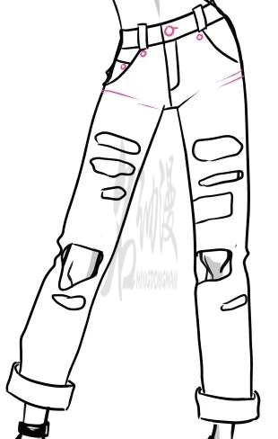 如图所示:最后一步:最后刻画牛仔裤上的细节,例如添加破洞的白线条