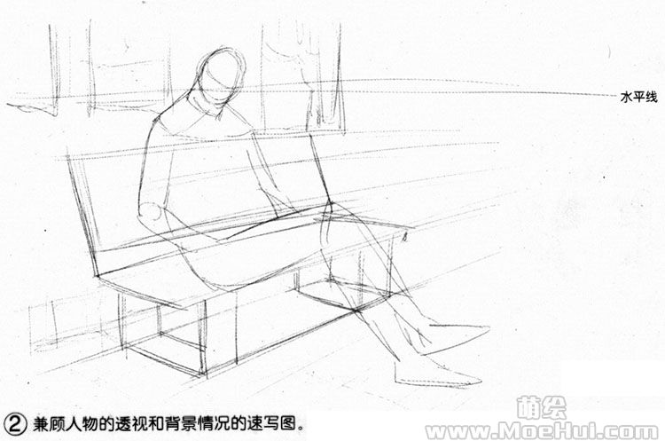 将长椅画成简单的箱子的同时,画出人物的裸体素描.