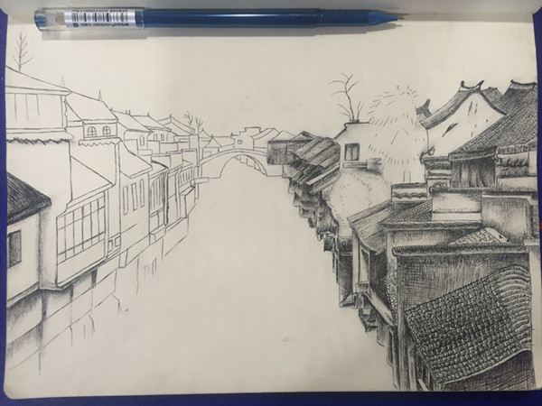 风景速写之江南水乡素描画