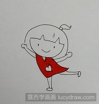 把裙子涂成红色画小女孩的头发画出小女孩的腿和脚画出小女孩的手画