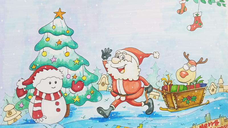 再画出带着围巾雪人娃娃和后面的圣诞树,之后周围画些树木栏杆做场景