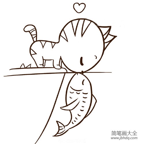 小猫吃鱼简笔画简单图片