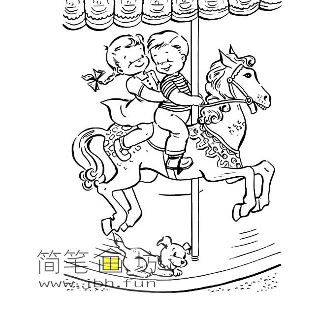 骑旋转木马的小男孩和小女孩简笔画(1)